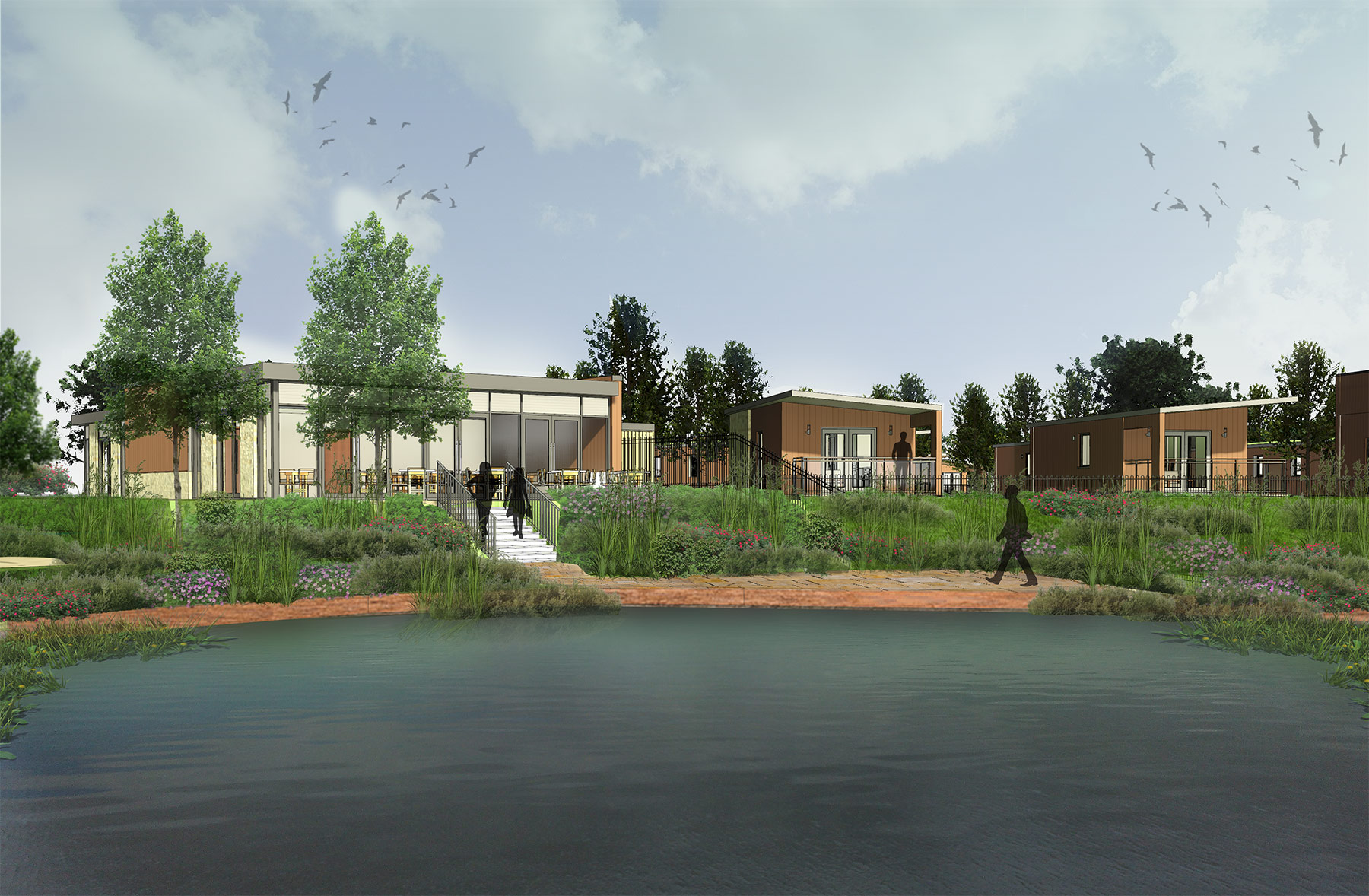 3D visual of cafe community building from canal